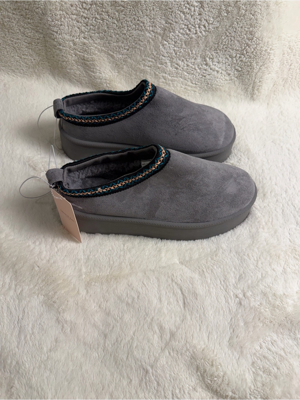 Olivia & Kate Women's Grey Slip-On Cozy Suede-Style Slippers with Braided Trim 1